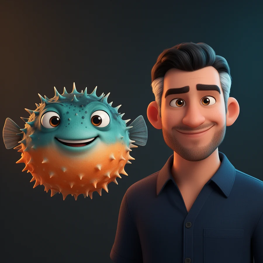 Rene, alongside a pufferfish.