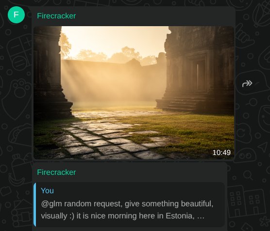 GLM generating a sunrise-over-temple image in chat from the prompt "give something beautiful, visually - nice morning here in Estonia"