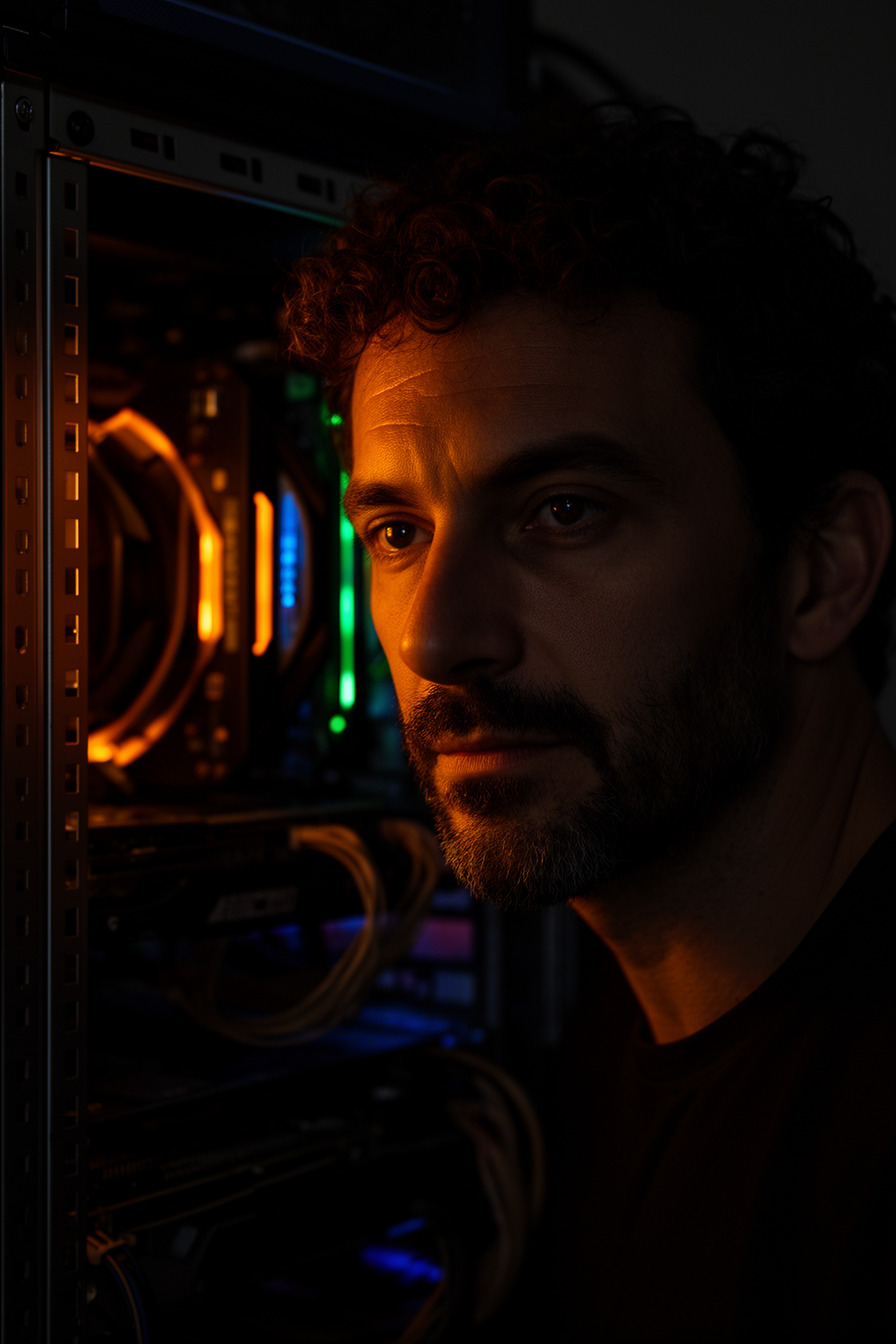 Me lit by the RGB glow of an open GPU rig in a dark room.