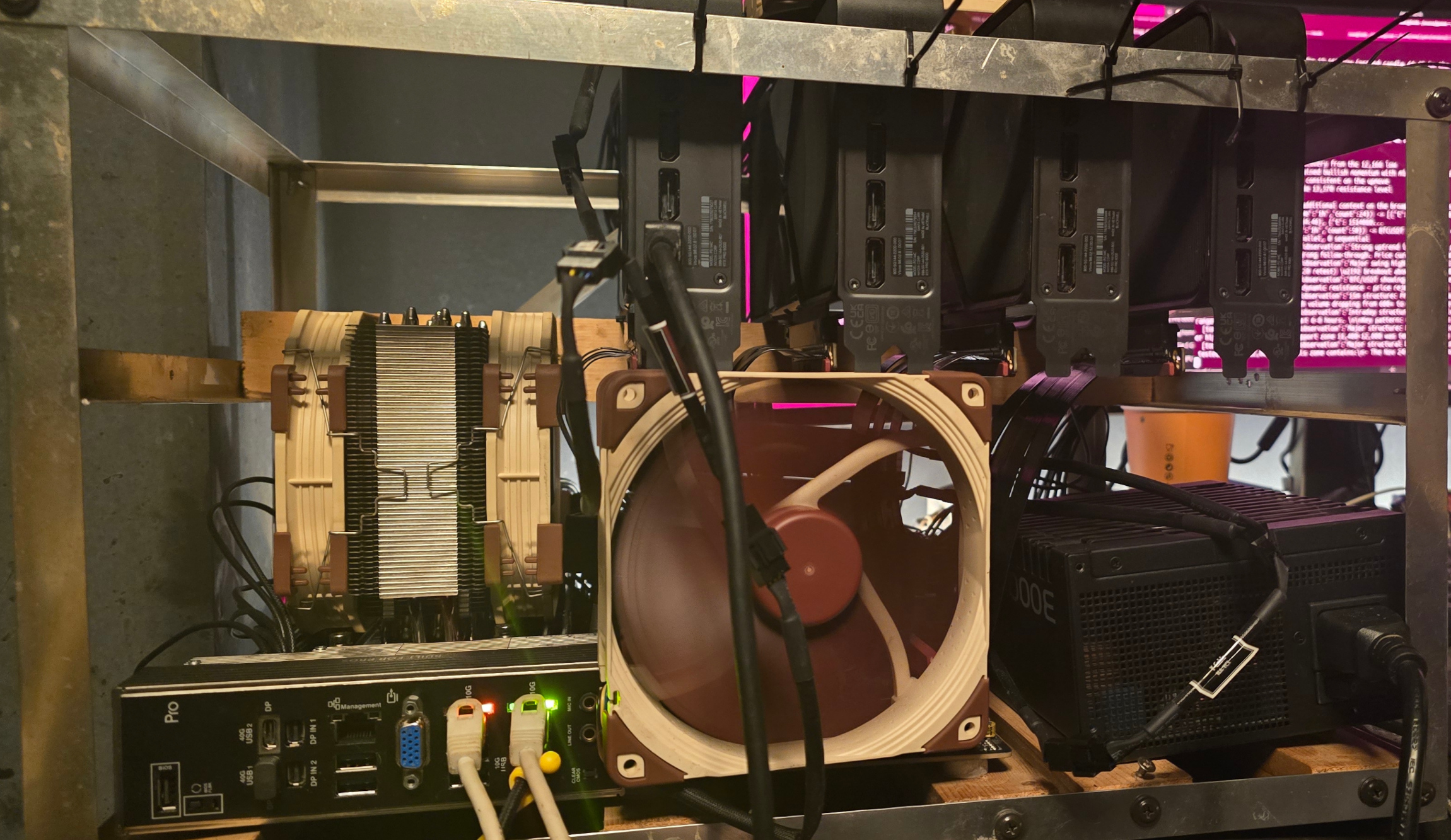 The rig running — lit 10G ports, a Noctua fan, the cards, and pink model output streaming in a terminal behind.
